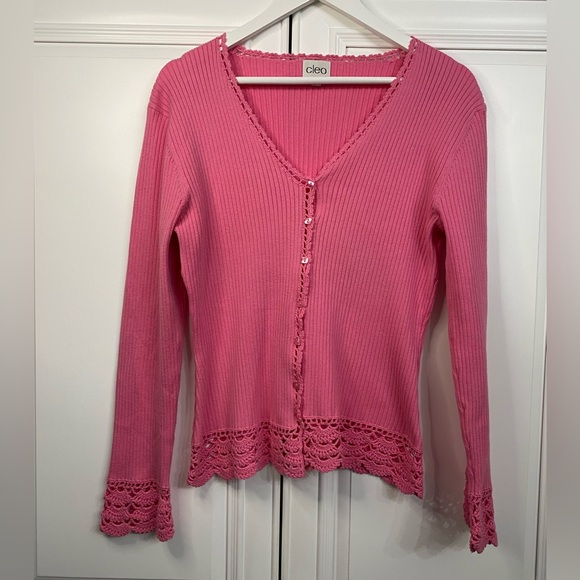 Cleo Women’s Size Large Pink Cardigan V Neck Crochet Hem Cuffs Ribbed - Picture 1 of 12